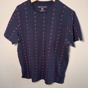 Free Planet Dark Blue Tee with Pink Flamingos Design Size‎ Medium